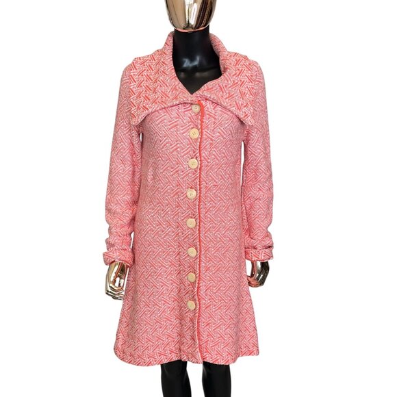 Sundance Knit Longline Sweater Coat Orange & Cream Button Front Collard Jacket M - Picture 2 of 13